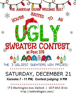 Ugly Sweater Contest poster - Dec. 21, 2024, 7-11 pm.